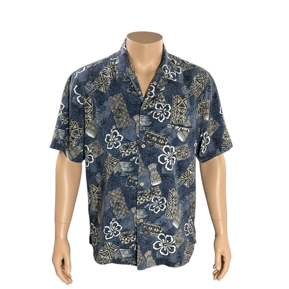 Royal Creations Hawaiian Aloha Shirt XL Turtles Tiki Floral Tribal Gray